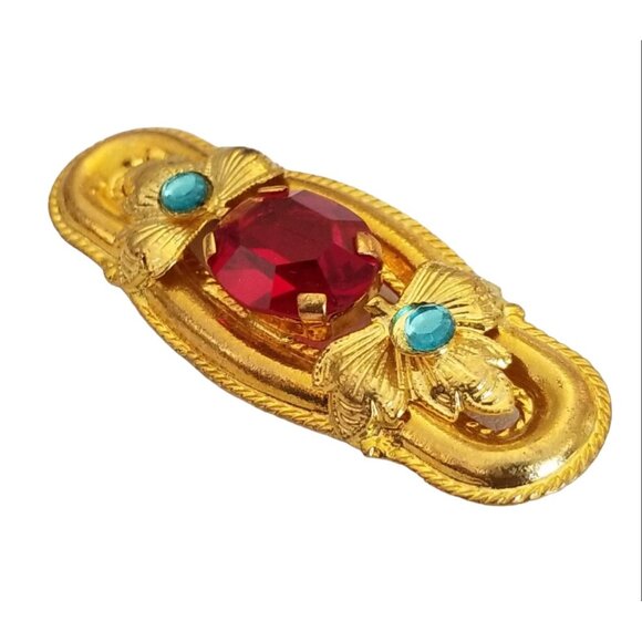 Czech Gold Tone Art Nouveau-style Red Prong Set Rhinestone Bar Brooch, M969 - Picture 3 of 8